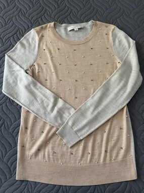 LOFT Pearl-Embellished Two-Tone Sweater - Beige/Light Gray